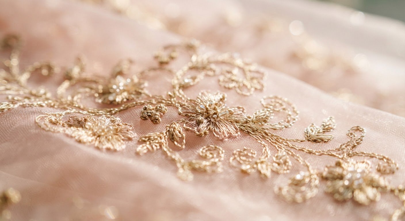 Hands working gold embroidery on silk