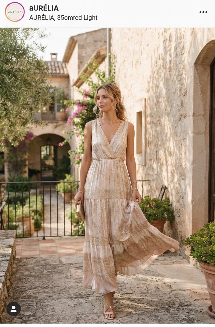 Luxurious flowing summer dress in soft neutral tones