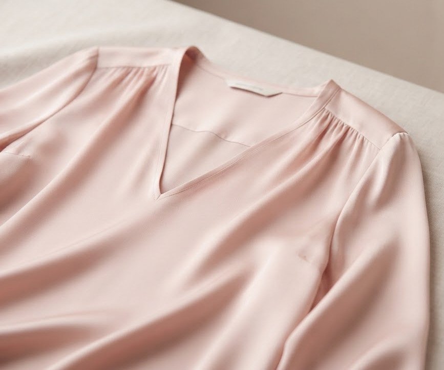 Elegant silk blouse in soft blush pink, draped