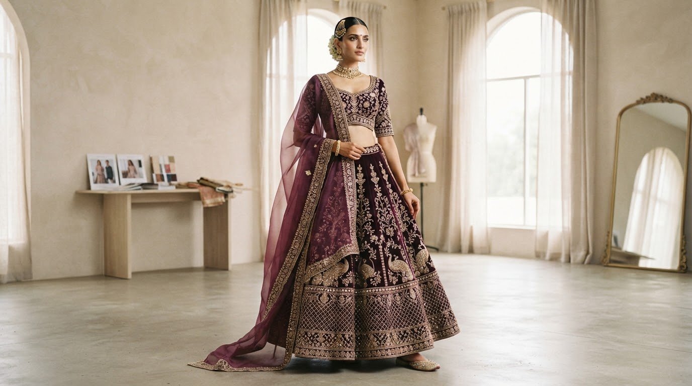 Custom-made ethnic lehenga with intricate gold embroidery on deep fabric