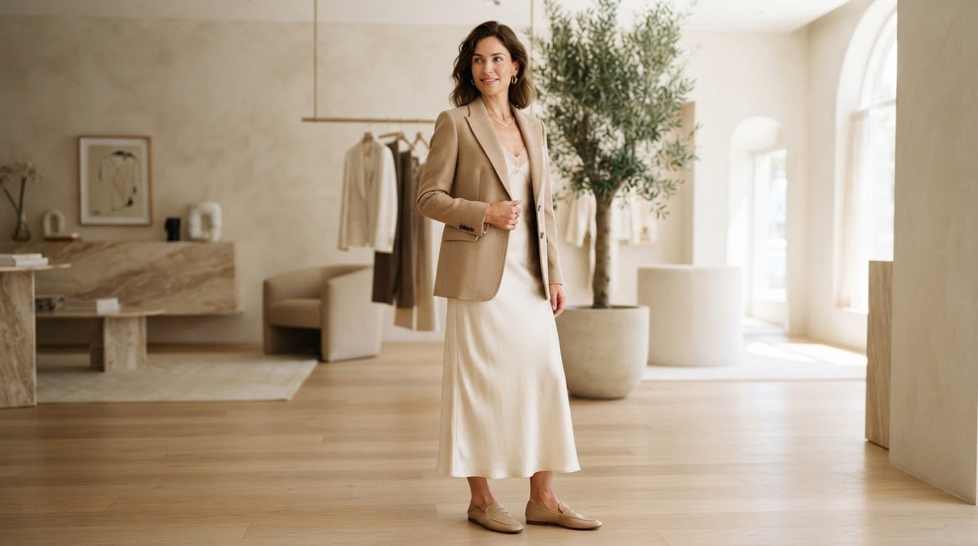 Tailored modern blazer over a delicate silk slip dress