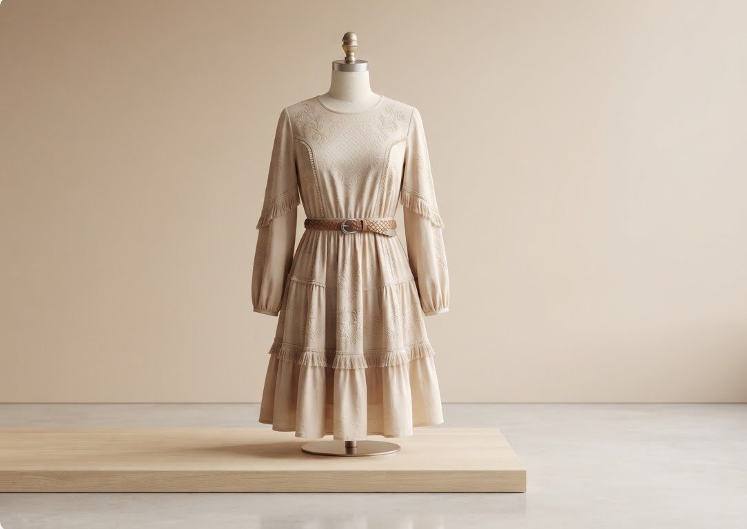 Western style dress in a soft warm neutral tone