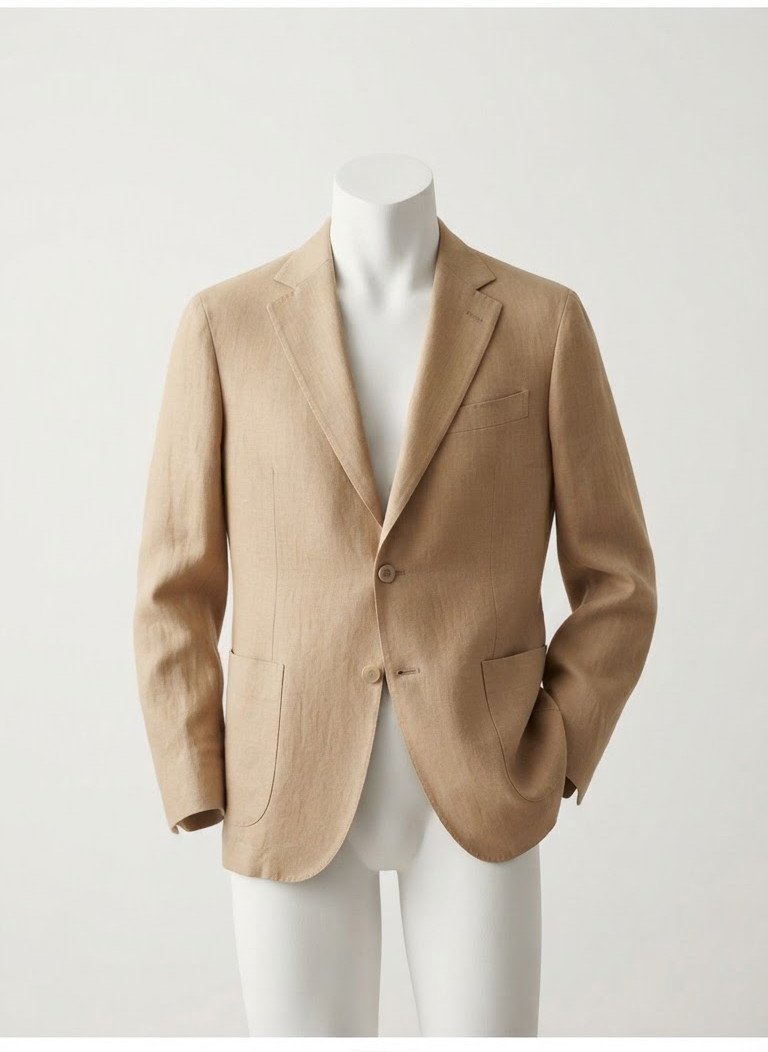 Minimalist tailored linen blazer in a warm sand tone