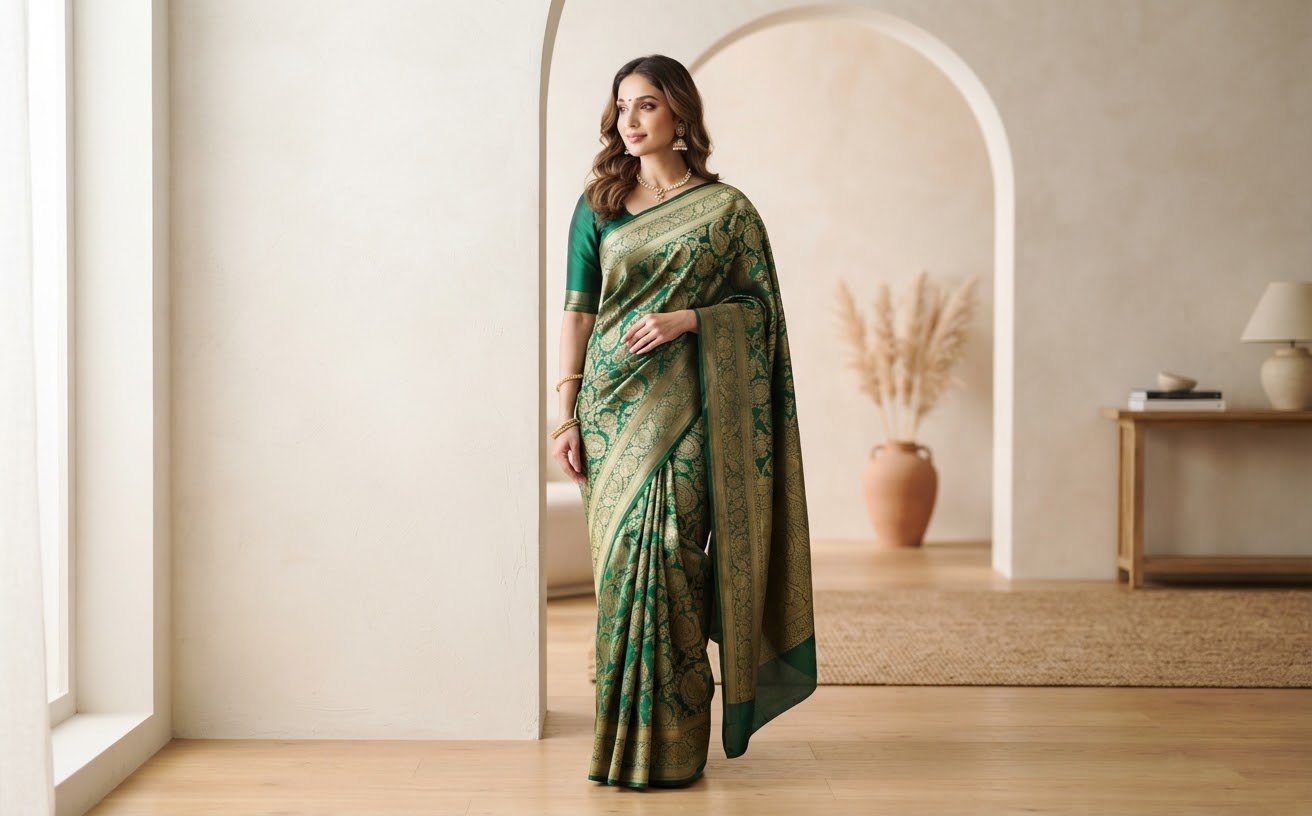 Midnight orchid silk saree draped over the shoulder in warm light