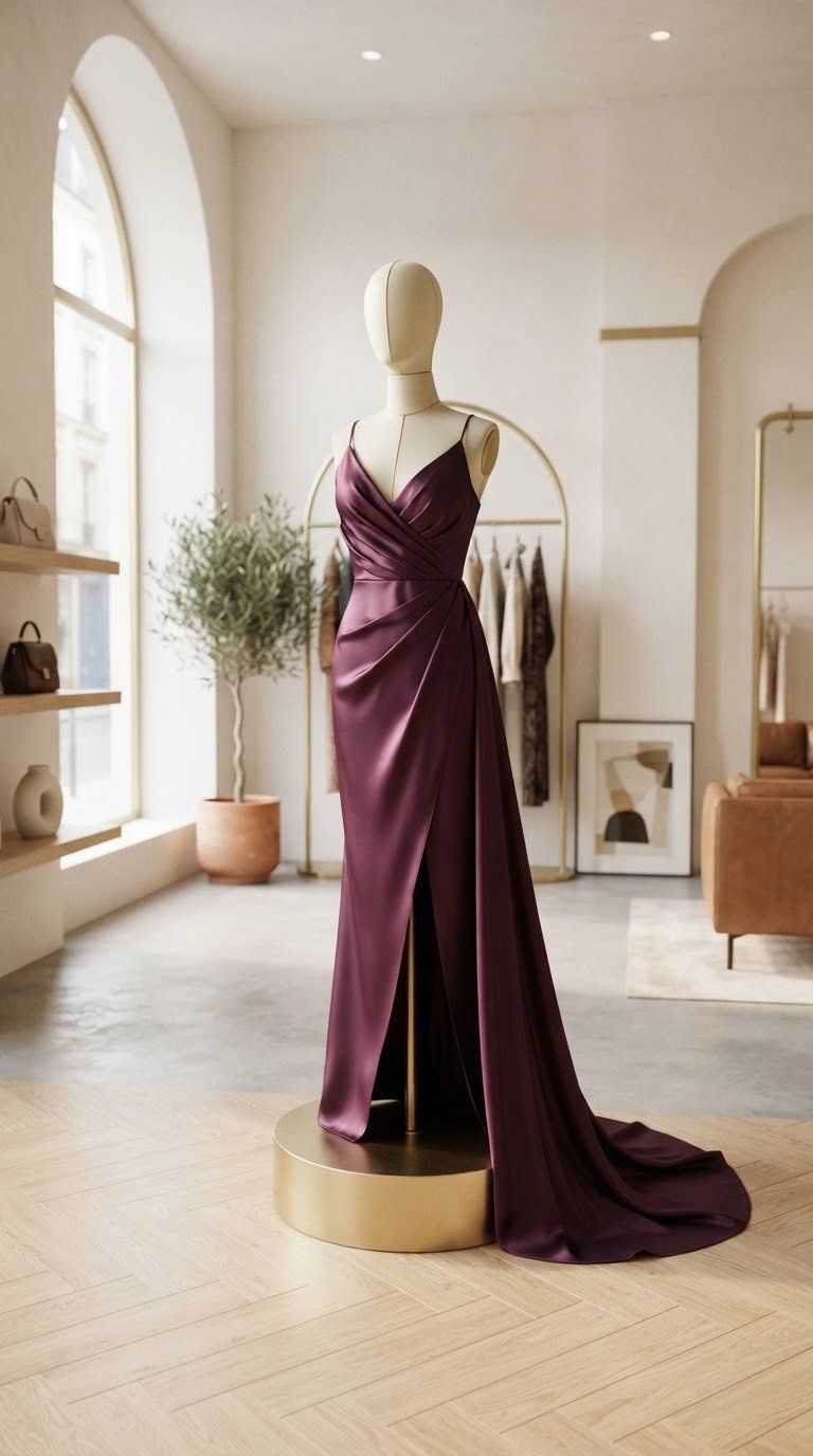 Bespoke silk evening gown in deep plum, high-fashion editorial