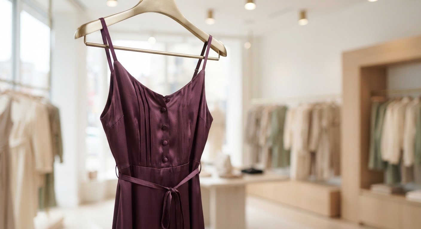 Plum-coloured silk western dress on a hanger