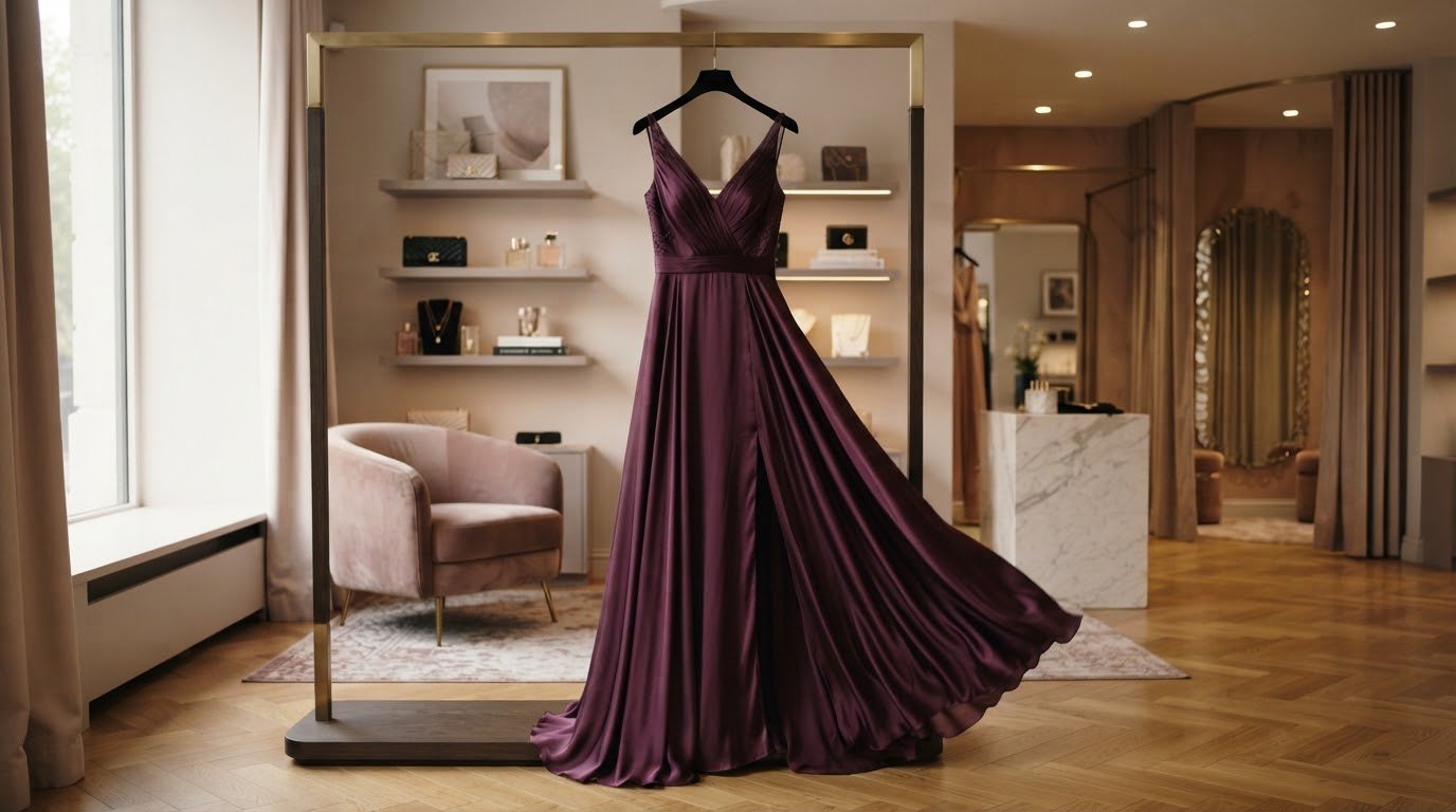 Elegant evening gown in deep plum with flowing fabric