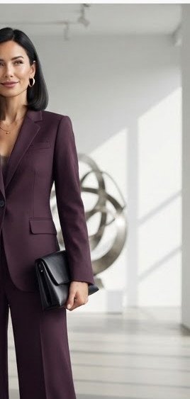 Woman wearing sophisticated deep plum wide-leg trousers