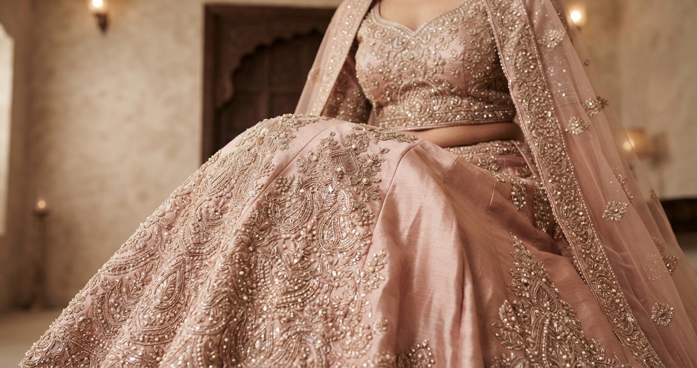 Close-up of intricately embroidered rose gold ethnic lehenga