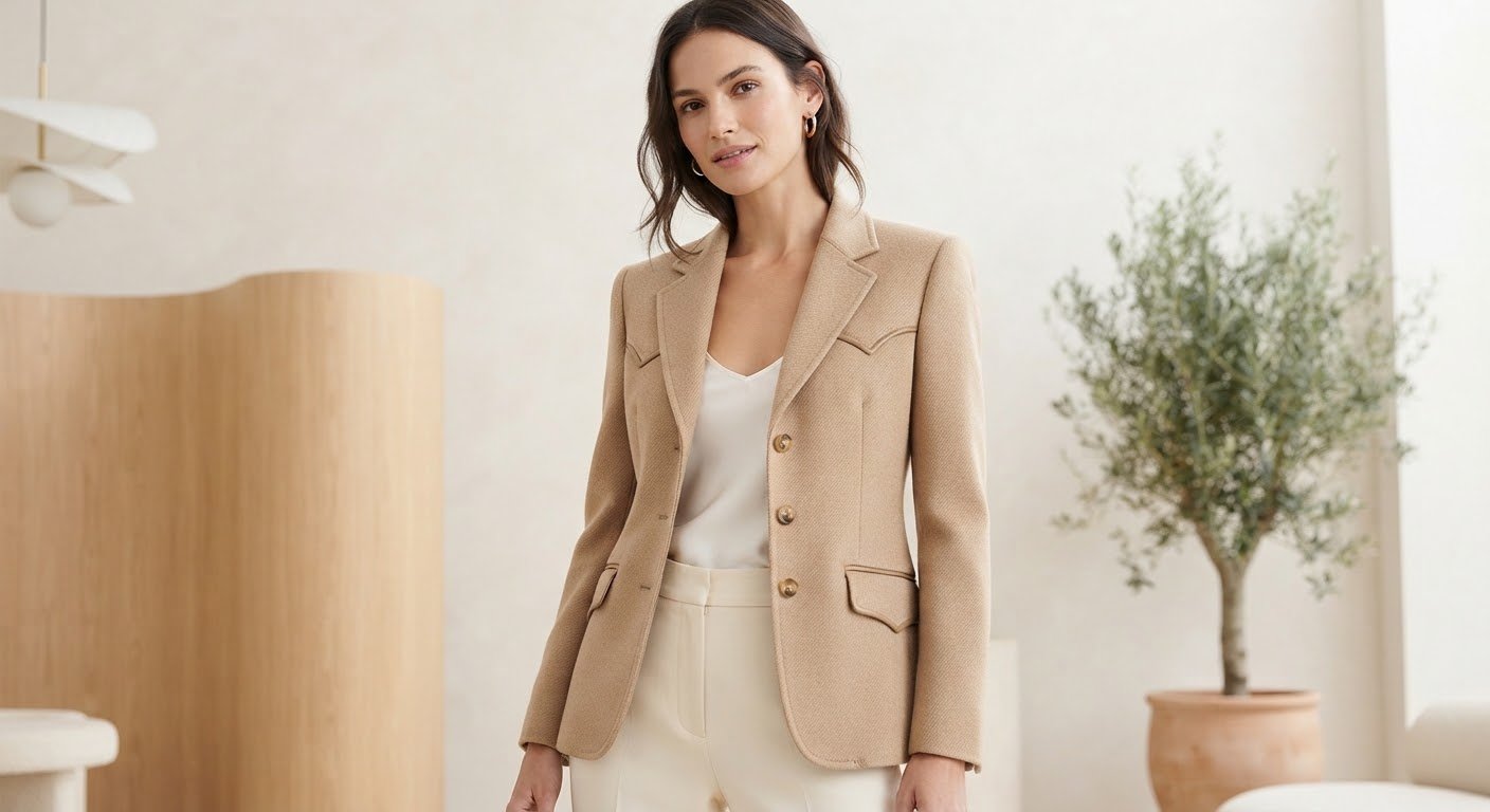 Tailored western-style blazer in a warm sand neutral tone