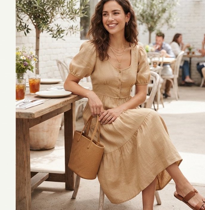 Model wearing a breezy warm-sand coloured dress