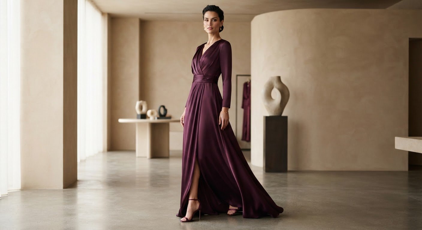 Silk georgette evening gown in deep plum, full length