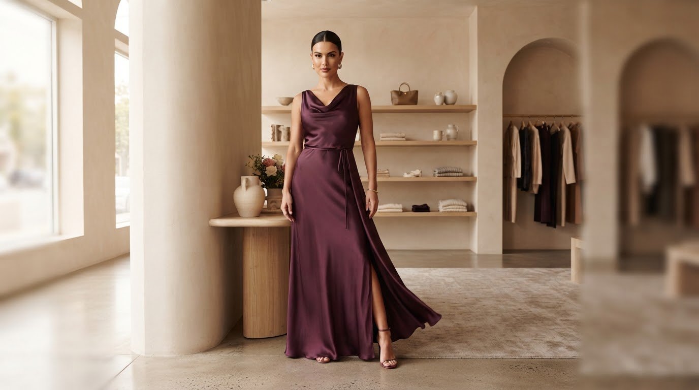 Model wearing a sophisticated deep plum gown, editorial photograph
